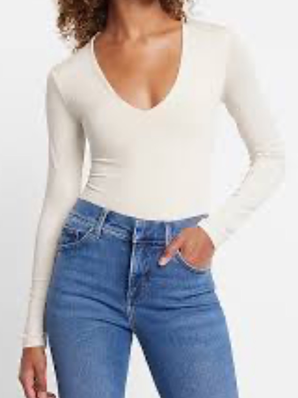 Express Ivory V-Neck Long Sleeve Bodysuit